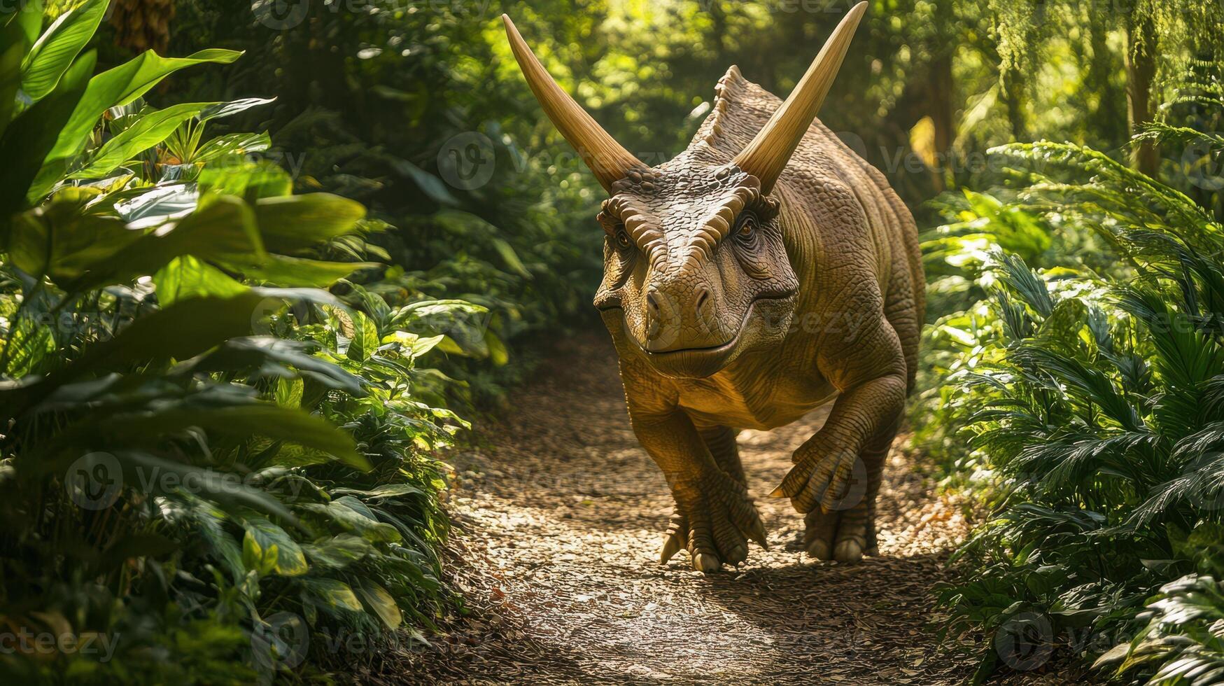 A brown dinosaur with horns traverses a trail through the forest. photo
