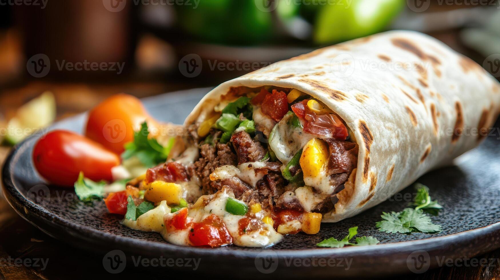 A burrito packed with meat and vegetables spilling over with ingredients. photo