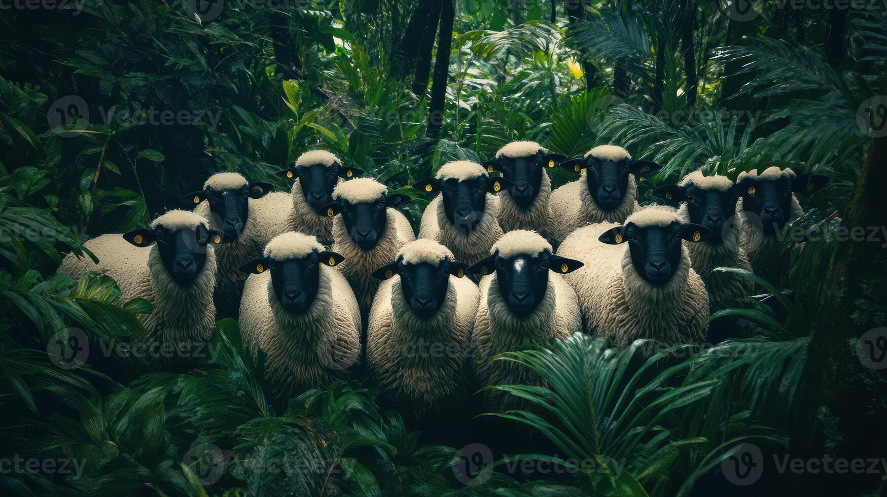 A group of sheep with black faces is grazing in a vibrant green meadow. photo