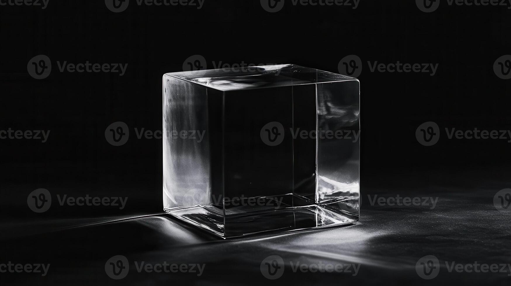 A glass cube is positioned against a black backdrop, reflecting its environment. photo