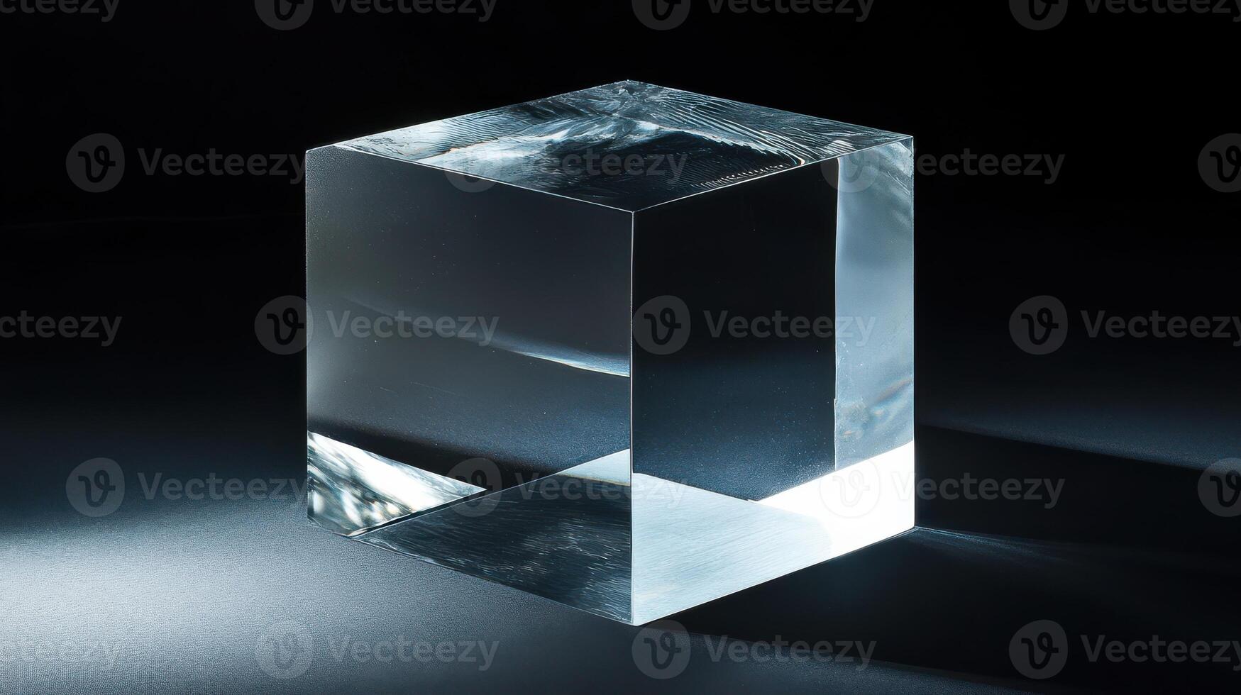 A glass cube contrasts with a black background, showcasing reflections of its surroundings. photo