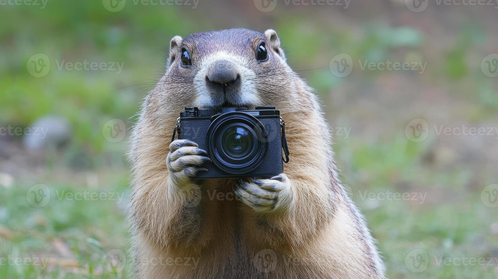 A groundhog captured in the act of photographing with a camera. photo