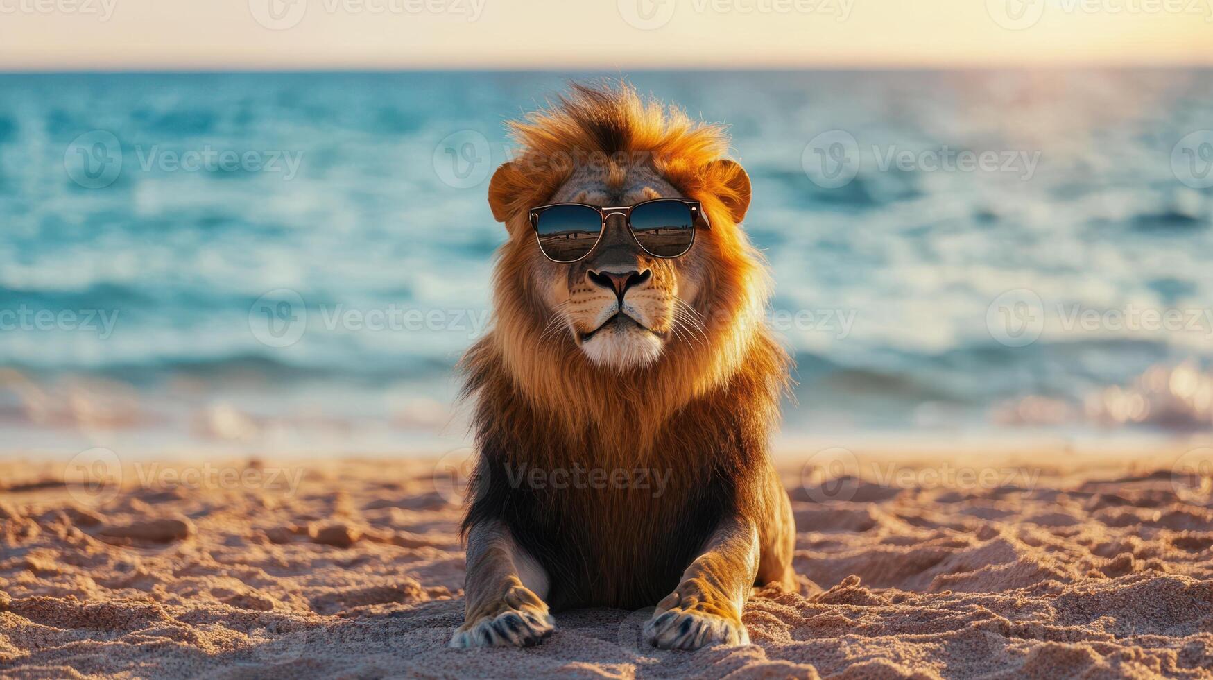 A lion sporting shades while lounging on a sandy beach. photo