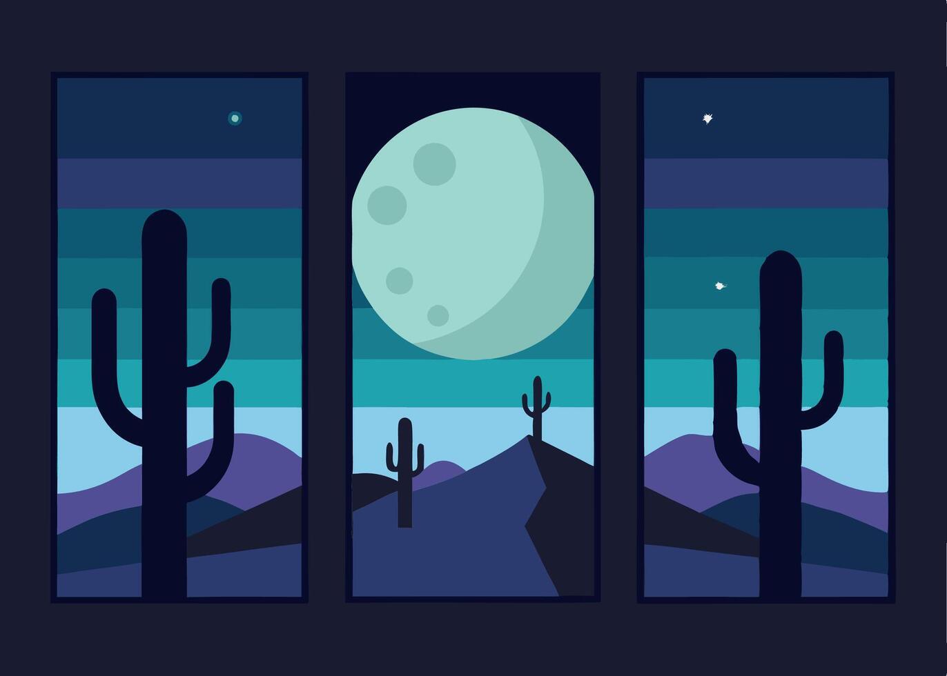Flat Illustration silhouette cactus with moon, nightday silhouette background vector