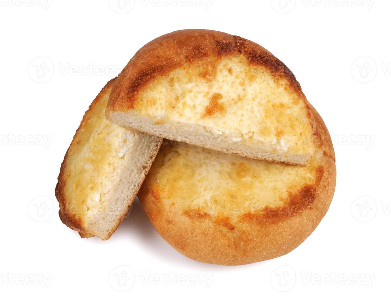 Khachapuri. Cut in half and whole bun with cheese isolated on white background.Cheese pie. photo