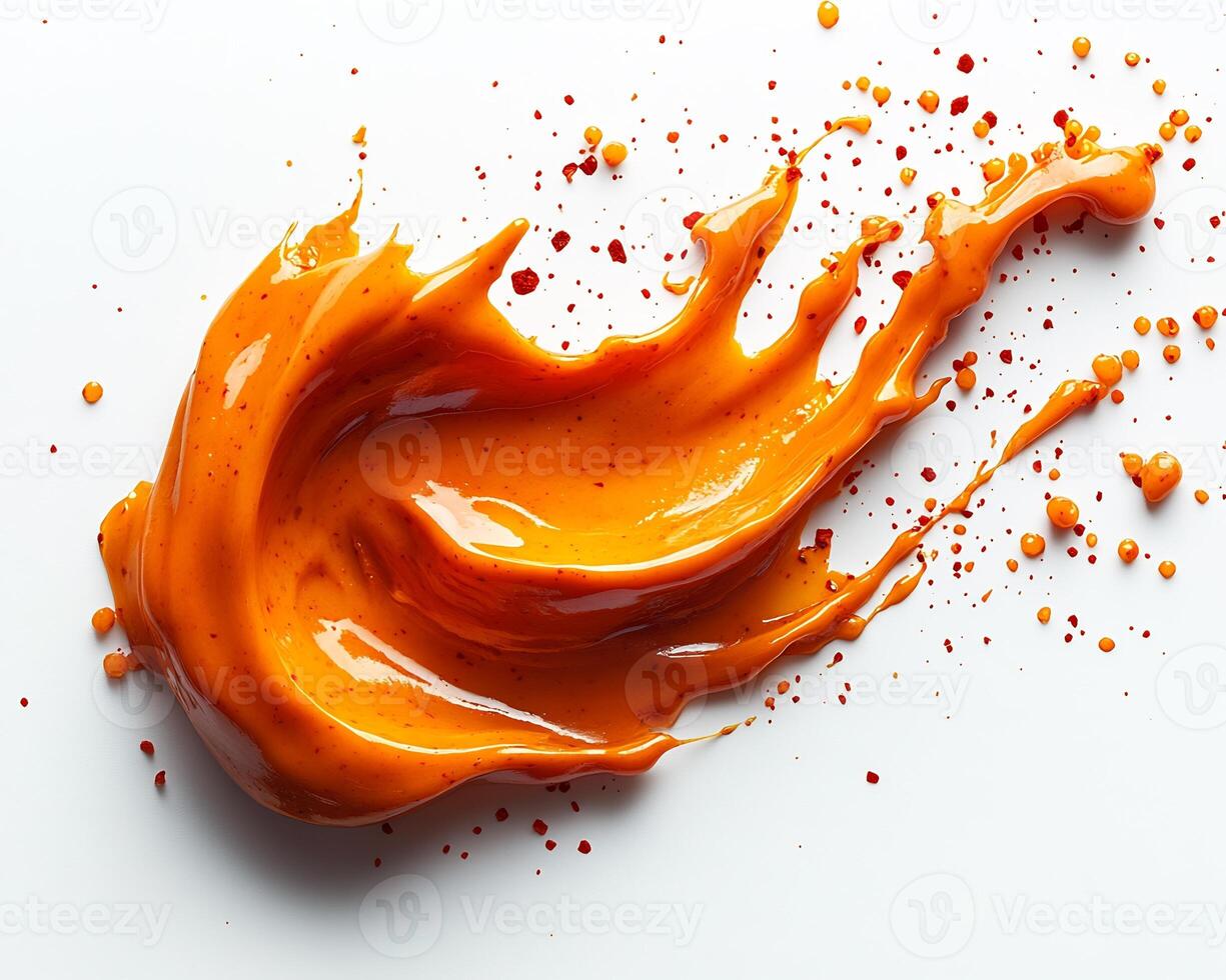 Bold fiery periperi sauce splashed onto a white background with a spoon beside it photo