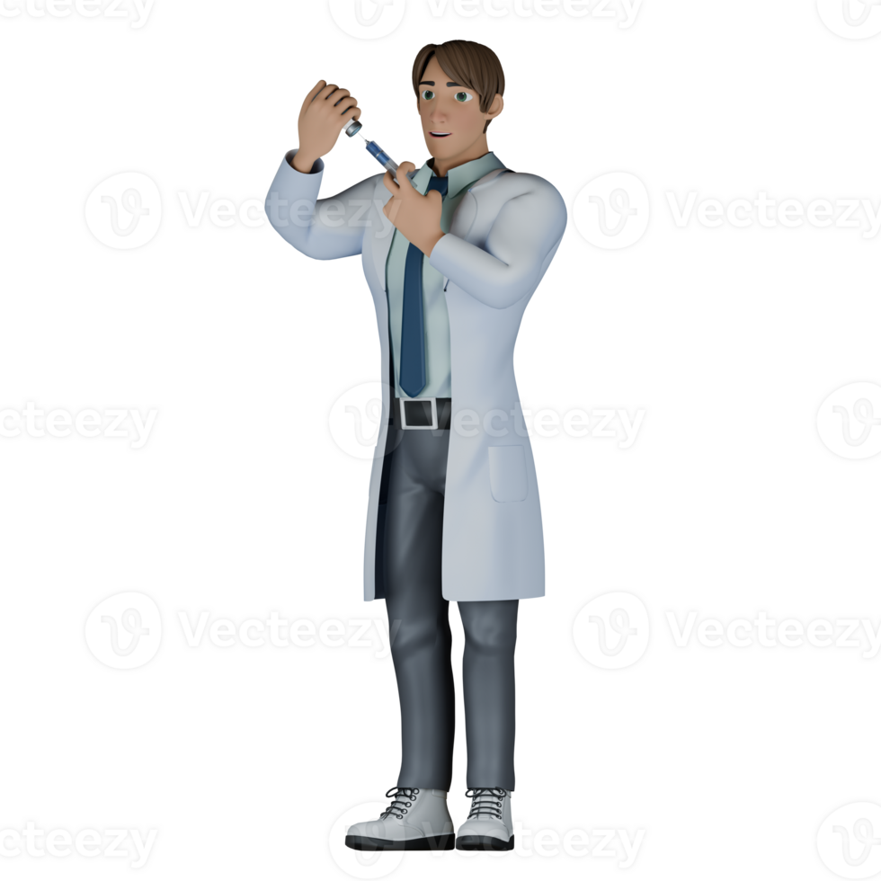 3D Male Doctor in Professional Role. A male doctor A male doctor is standing preparing a syringe. Healthcare Cartoon png