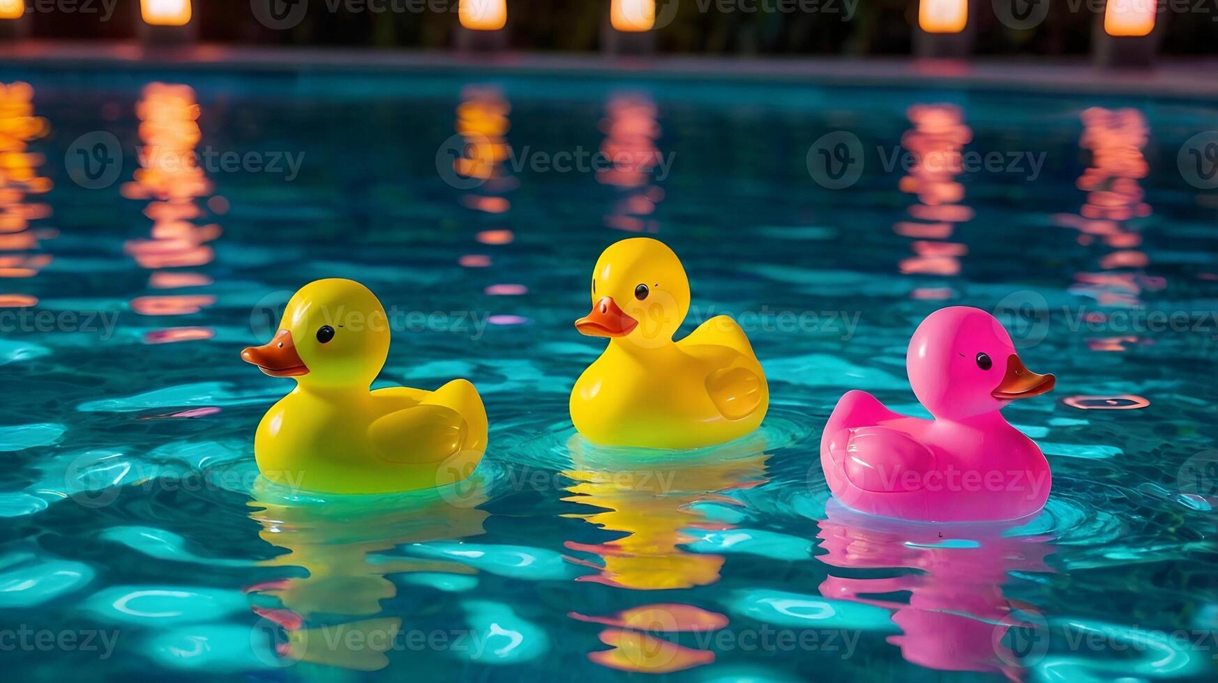 Yellow toy rubber ducks floating in the pool under neon light at evening photo