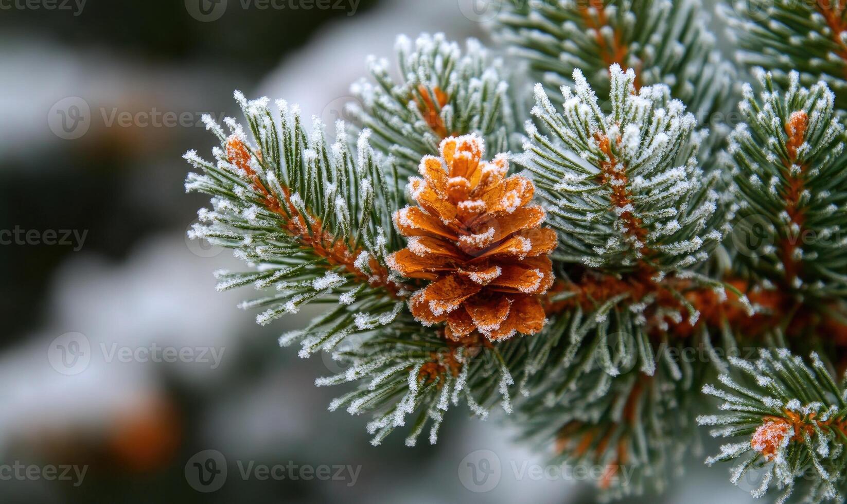Pine tree close-up, snow clinging, sharp needles photo