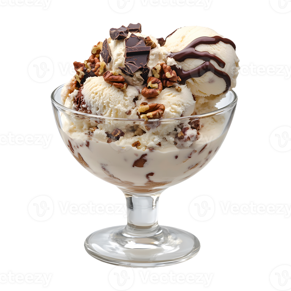 Refreshing Delight A Glass Bowl with Ice Cream Scoop, Nuts, and Chocolate Isolated on a Transparent Background for Your Summer Campaign png