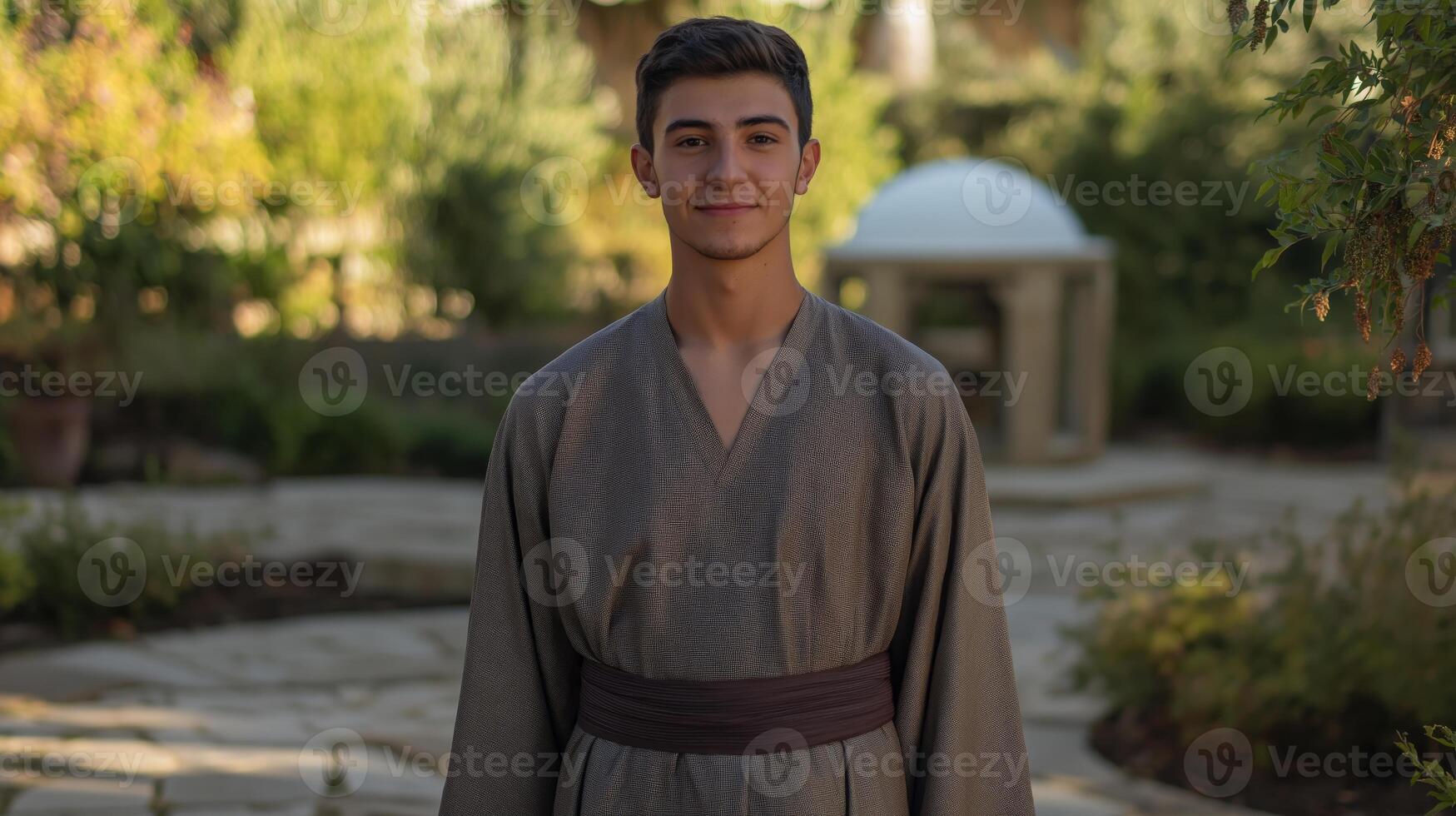 Young Man in Traditional Robe Posing Outdoors in a Peaceful Garden Setting, Background with Greenery, Dome Structure. photo
