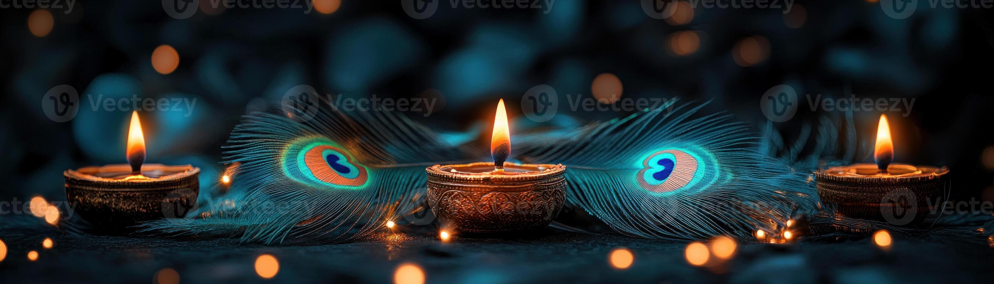 Diwali background with colorful peacock feather designs, sparkling bokeh, and glowing oil lamps, PeacockThemed Diwali Background, Symbol of Beauty and Light photo