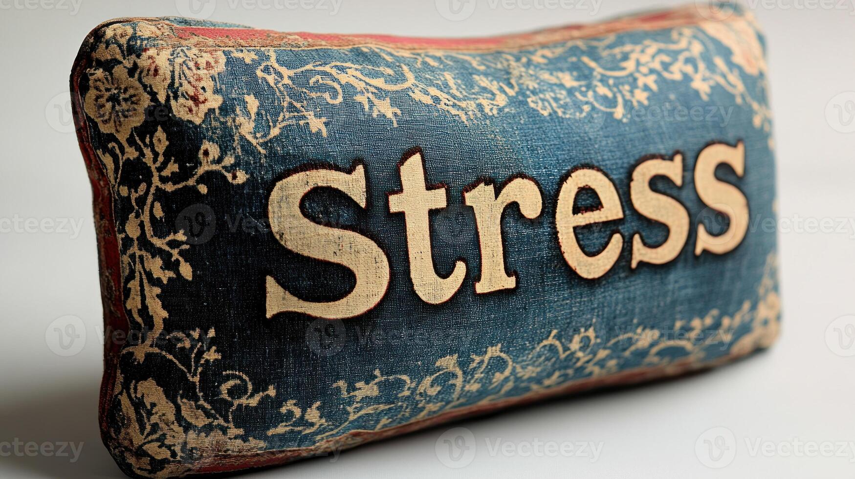 This unique pillow showcases the word 'Stress' beautifully crafted in a vintage style photo