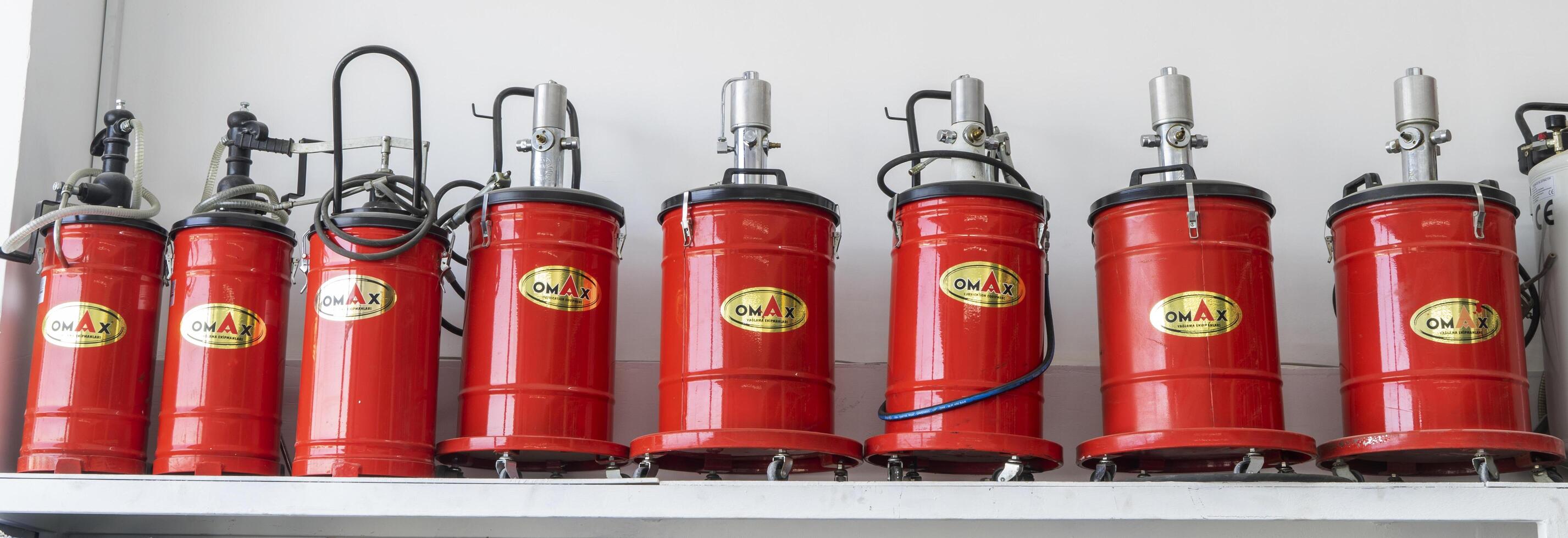 BAKU, AZERBAIJAN - May 20, 2022. Electrical equipment, high-pressure devices for washing cars by Omax are on sale in the store photo