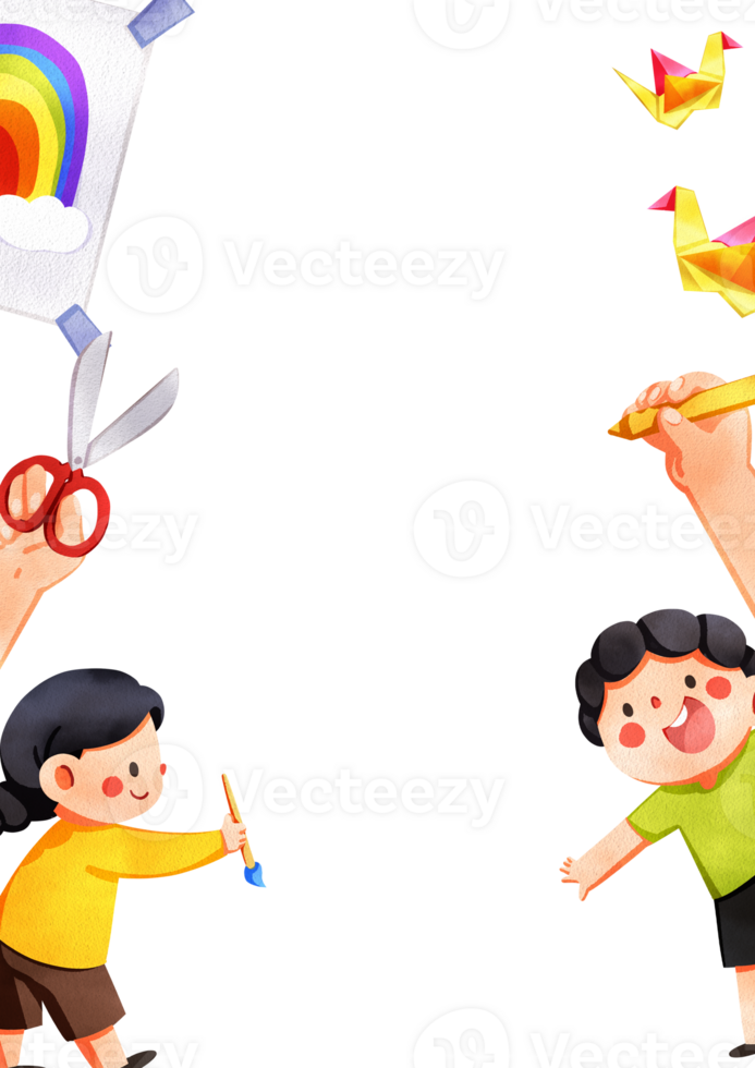 A girl in a yellow shirt holds a paintbrush next to a boy with a drawing, a rainbow painting, and an origami bird, hand-drawn watercolor digital painting frame design png