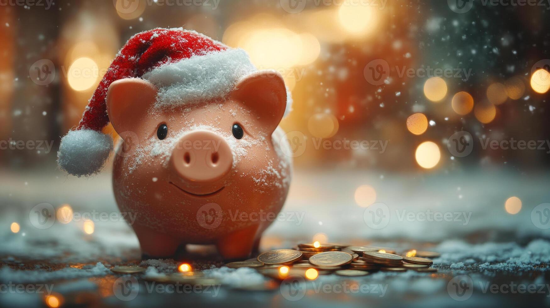 A charming piggy bank in a Santa hat and and coins,brings holiday joy, nestled in snow with golden bokeh lights in the background. The snowfall adds to the wintry, festive mood. photo