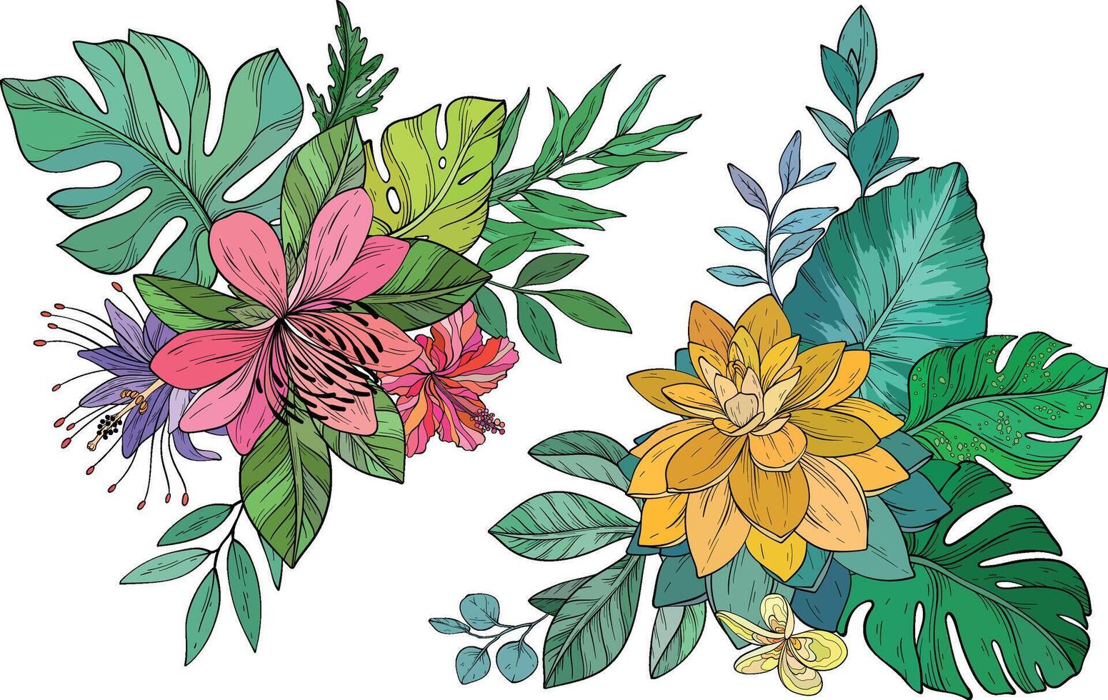set of colorful tropical flowers arranged with vibrant green leaves for a lively composition vector