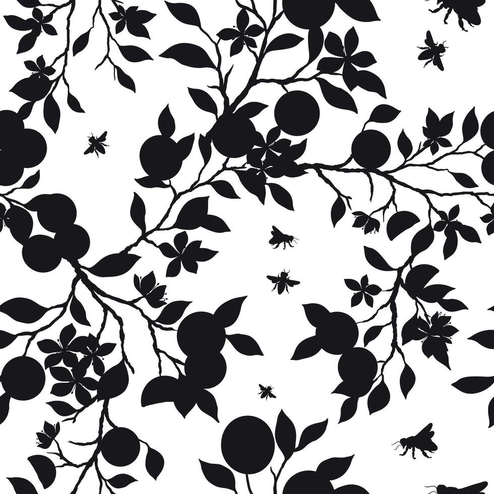 Hand drawn silhouette oranges seamless pattern with brunches and flowers, bees, cut tangerines, branches, leaves on white background. Fresh juicy citrus fruit clip art. vector
