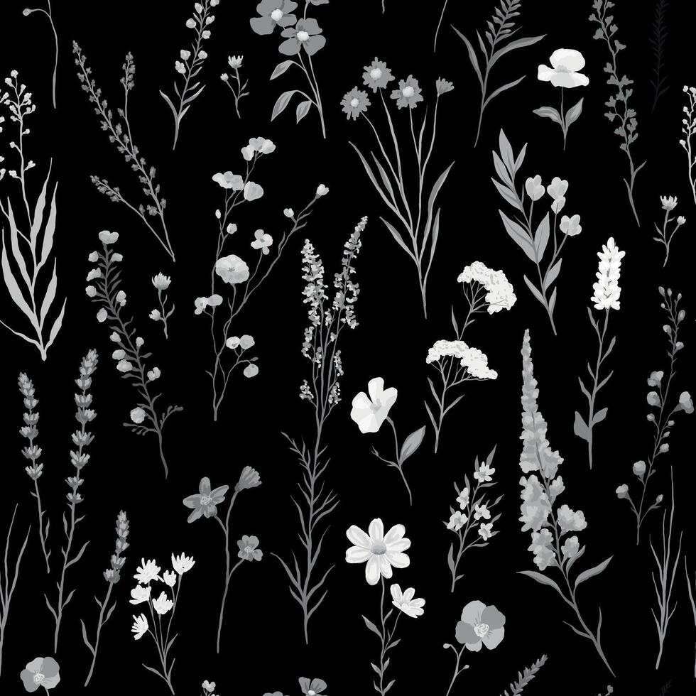 Seamless pattern with wildflowers plants on black background vector