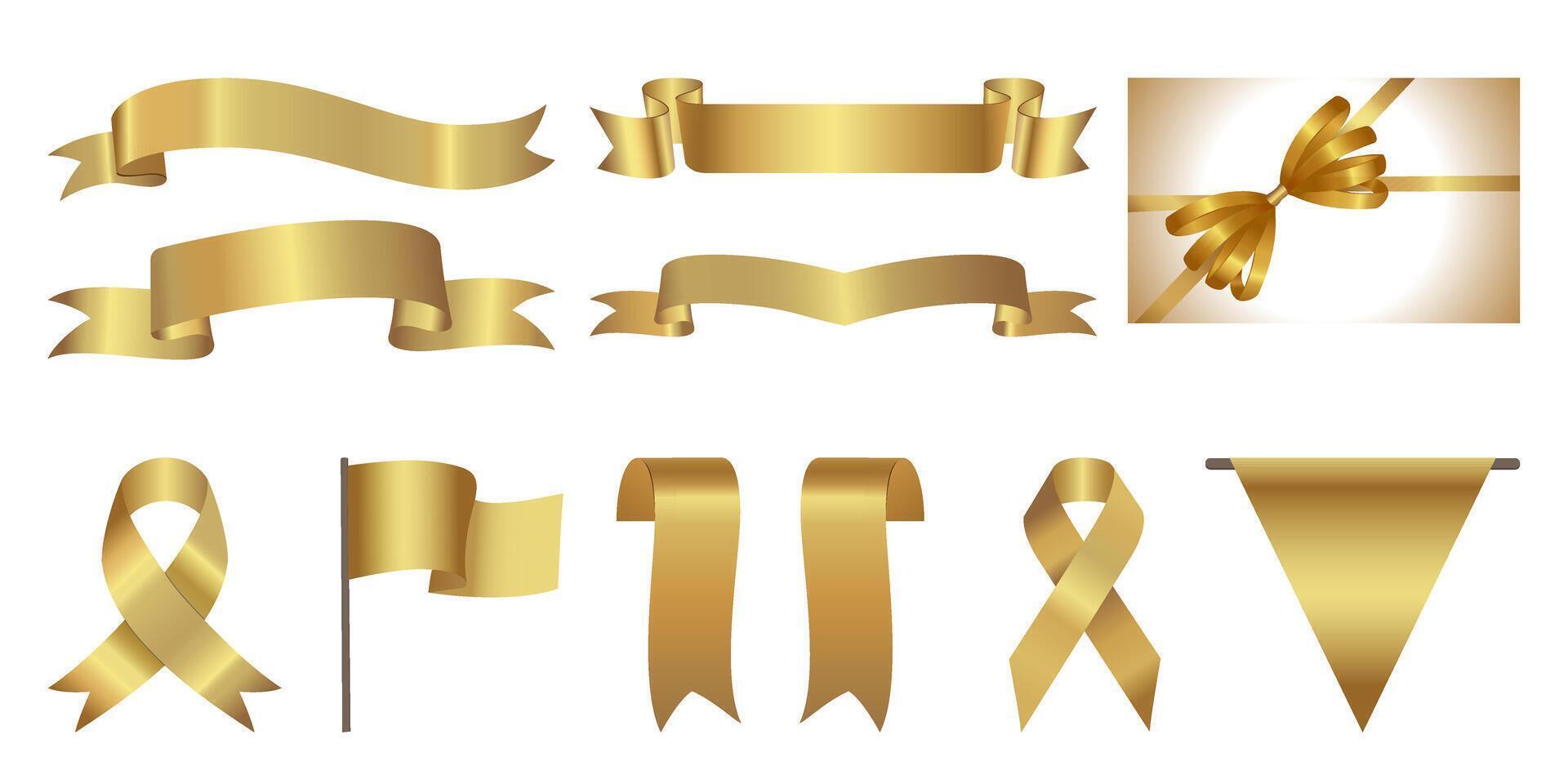 Golden award ribbon banners for text. Band for text, ribbon loop. Gift Card WithGolden Ribbon And A Bow, Label Design. Blank Gold award Ribbon Collection Pack Template. Various shapes vector