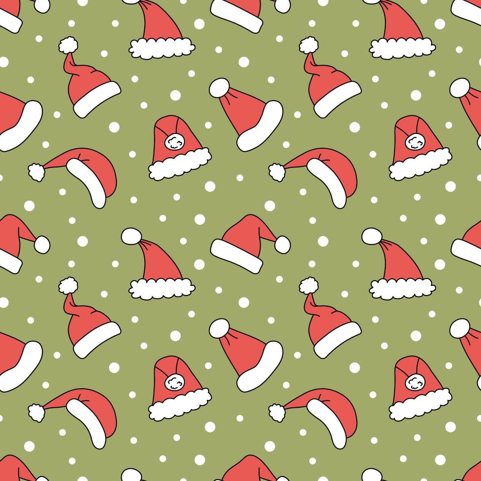 Seamless pattern with Santa Claus Christmas hats on green background with white snow vector