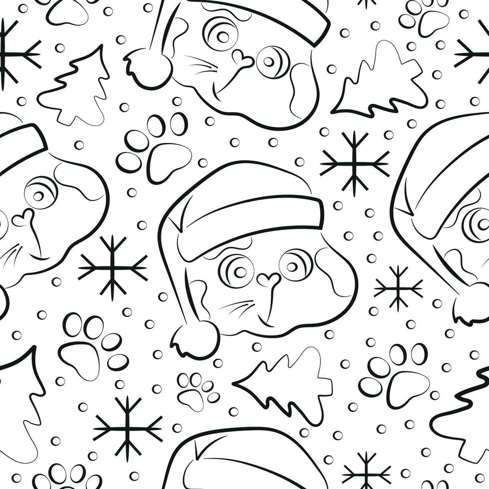 seamless christmas pattern with faces of chubby cat in santa claus hat in line art style vector