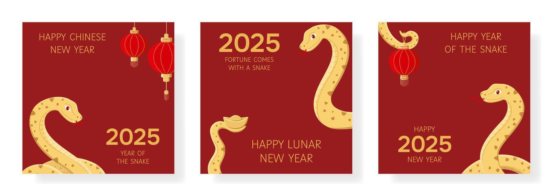 New Year 2025 card set in red and gold colors with snake. Chinese zodiac Snake symbol of the year. Lunar New Year concept. Template of cover,card,poster,flyer vector