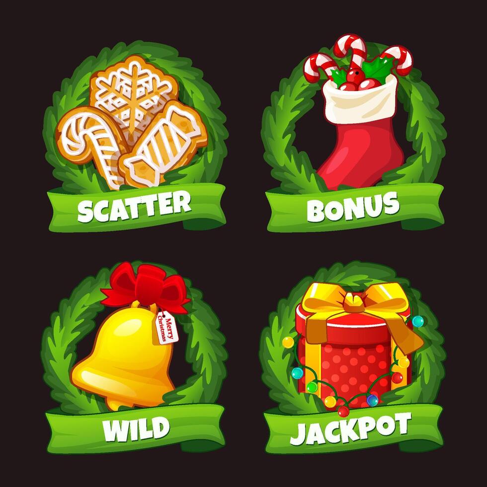 Set of symbols for Christmas Themed Slots- Bonus, Wild, Jackpot and Scatter for your slot machine vector