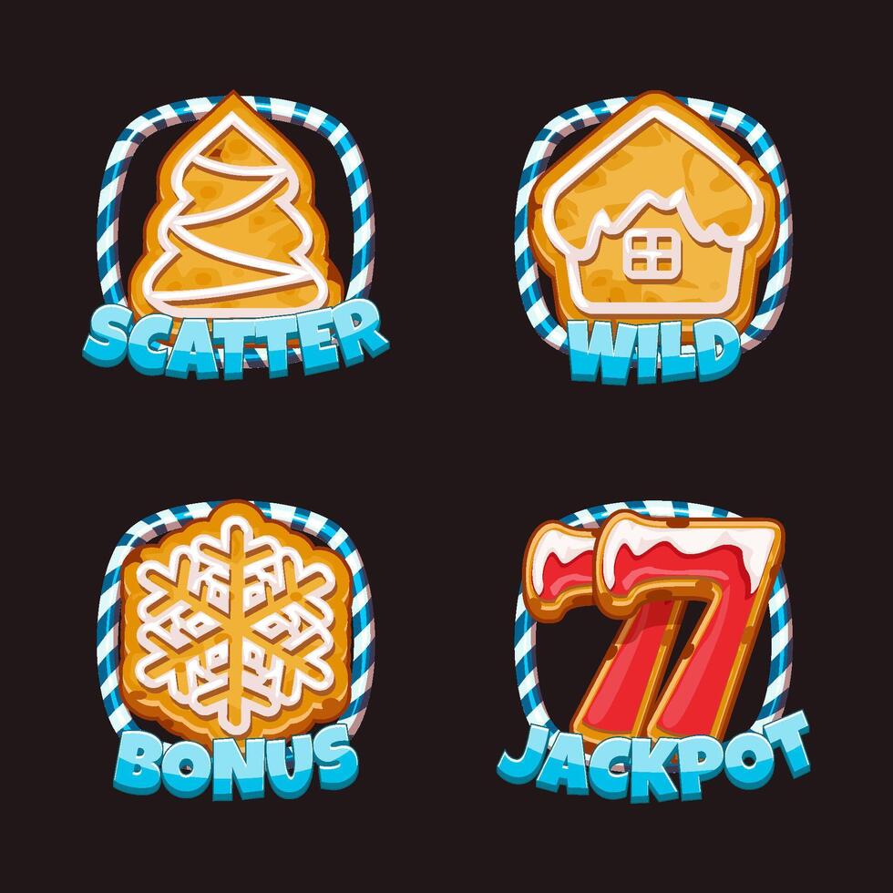 Set of symbols for Christmas Themed Slots- Bonus, Wild, Jackpot and Scatter for your slot machine. Christmas or New Year cookies in candy frames vector
