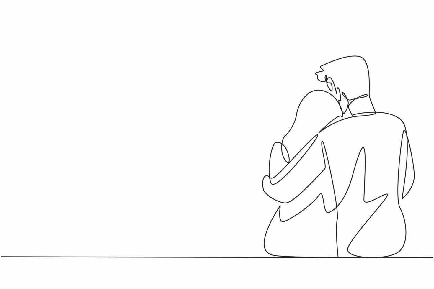 Single continuous line drawing husband hugs his wife who is sitting. Providing comfort to beloved women. Hugging to soothe. Giving warmth. Love. National Hug Day. One line design illustration vector