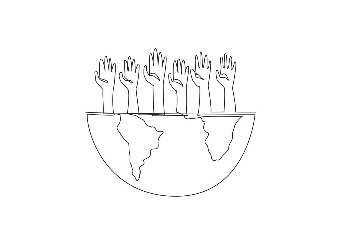 Continuous one line drawing hands reaching up from a half-globe. Advocating for global issues and promoting positive change. Global impact. World NGO Day. Single line draw design illustration vector