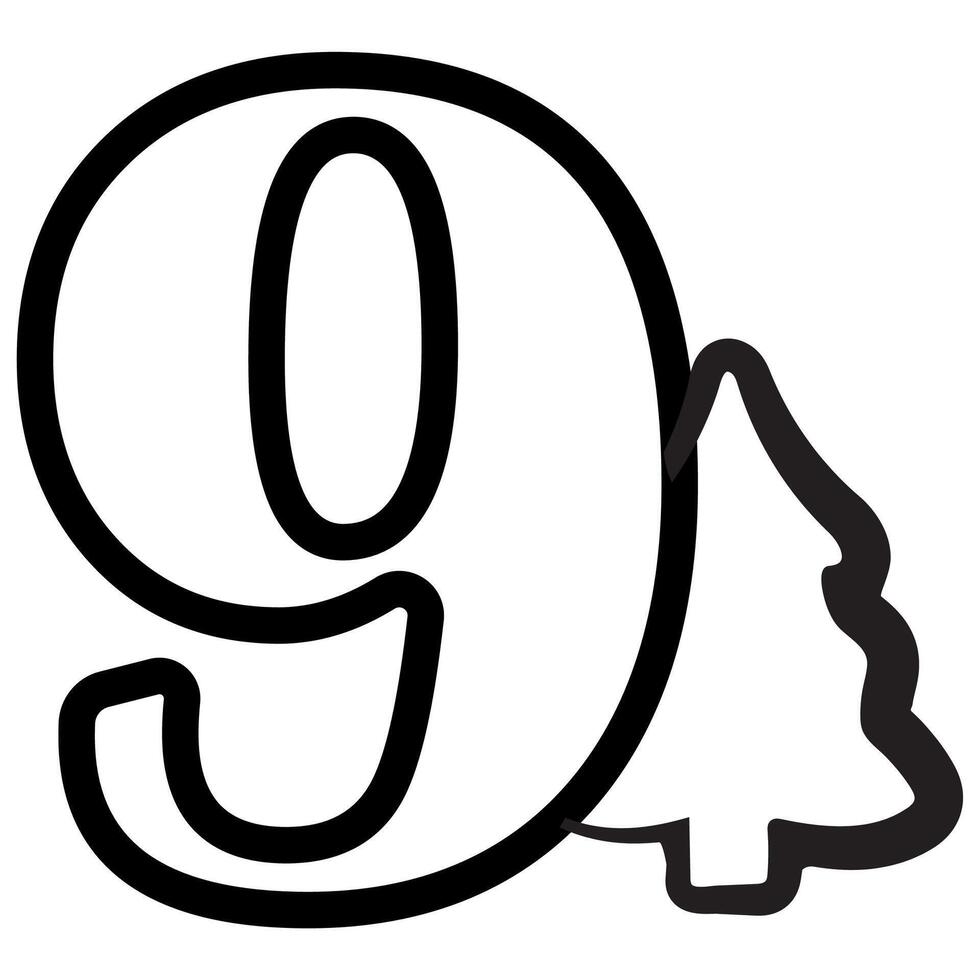 simple number nine design with Christmas design, namely Christmas tree drawn in black outline, for Christmas designs, patterns or posters vector