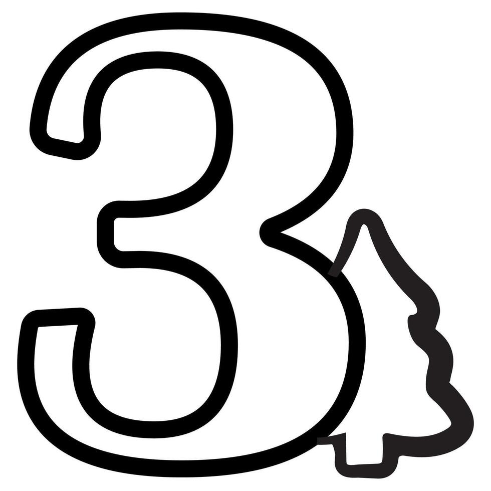 simple number three design with Christmas design, namely Christmas tree drawn in black outline, for Christmas designs, patterns or posters vector
