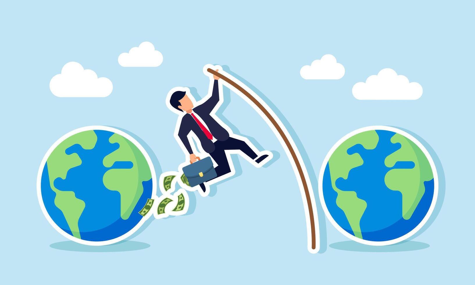 A businessman jump from one globe to another with a wooden stick and carrying a briefcase full of money, illustration of switching to another business field after success in a specific one vector