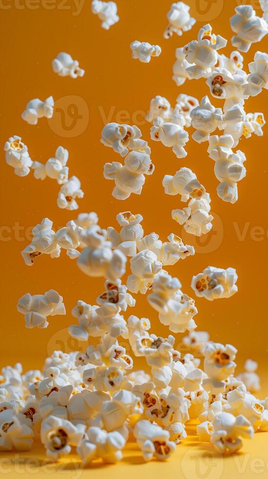 Parabola-shaped arc of flying popcorn on simple yellow background, food photography, picture photo