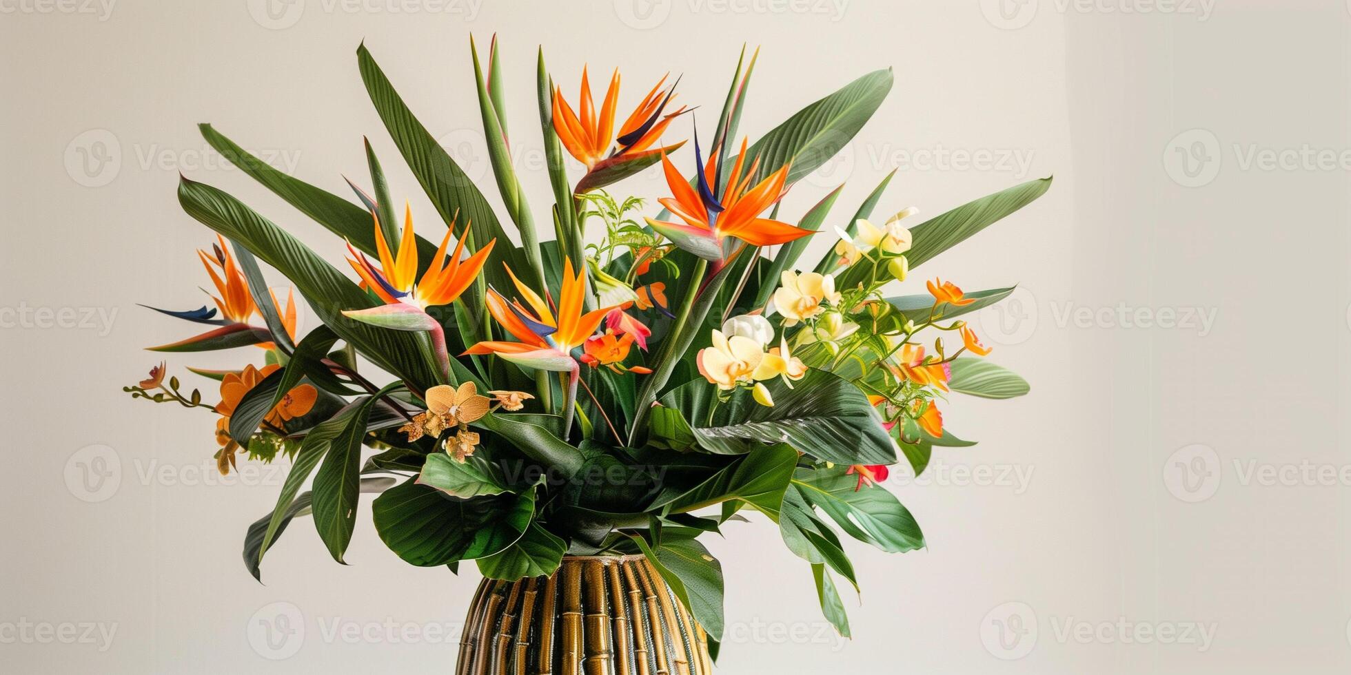 Exotic arrangement of bird of paradise flowers, ginger blooms, and tropical foliage, in a bamboo-inspired ceramic pot, photorealistic photo