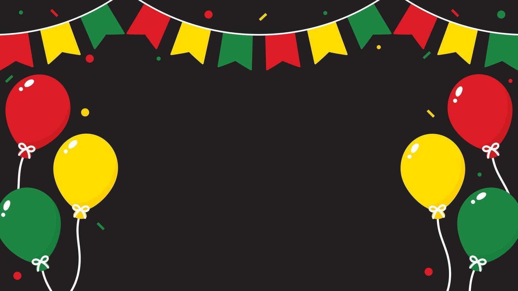 Cheerful Juneteenth and Black History Month celebration background with the black history month flag-colored party bunting, balloons, and confetti. Flat design illustration. vector