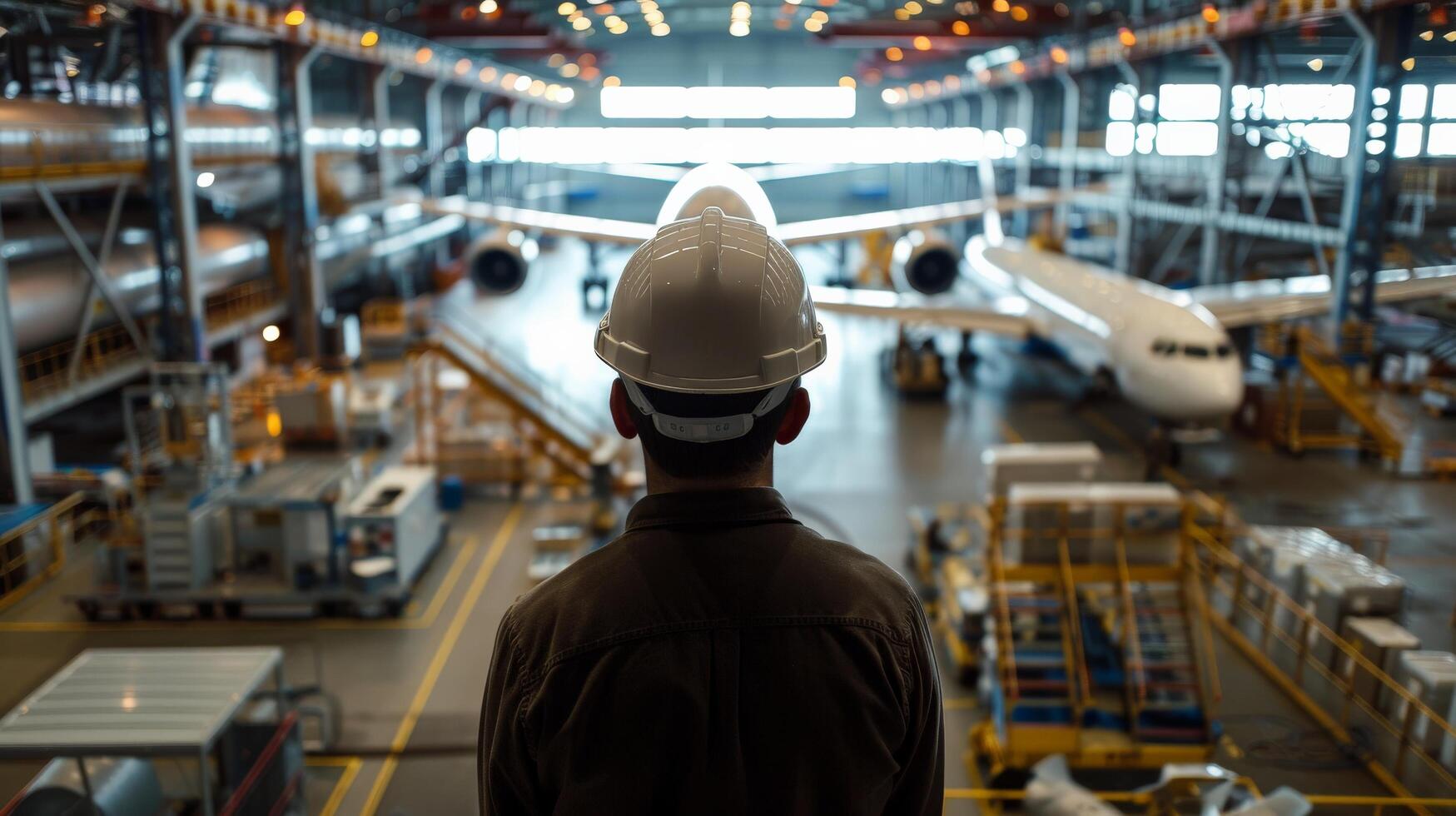 A man in a hard hat looking at an airplane in a hangar photo
