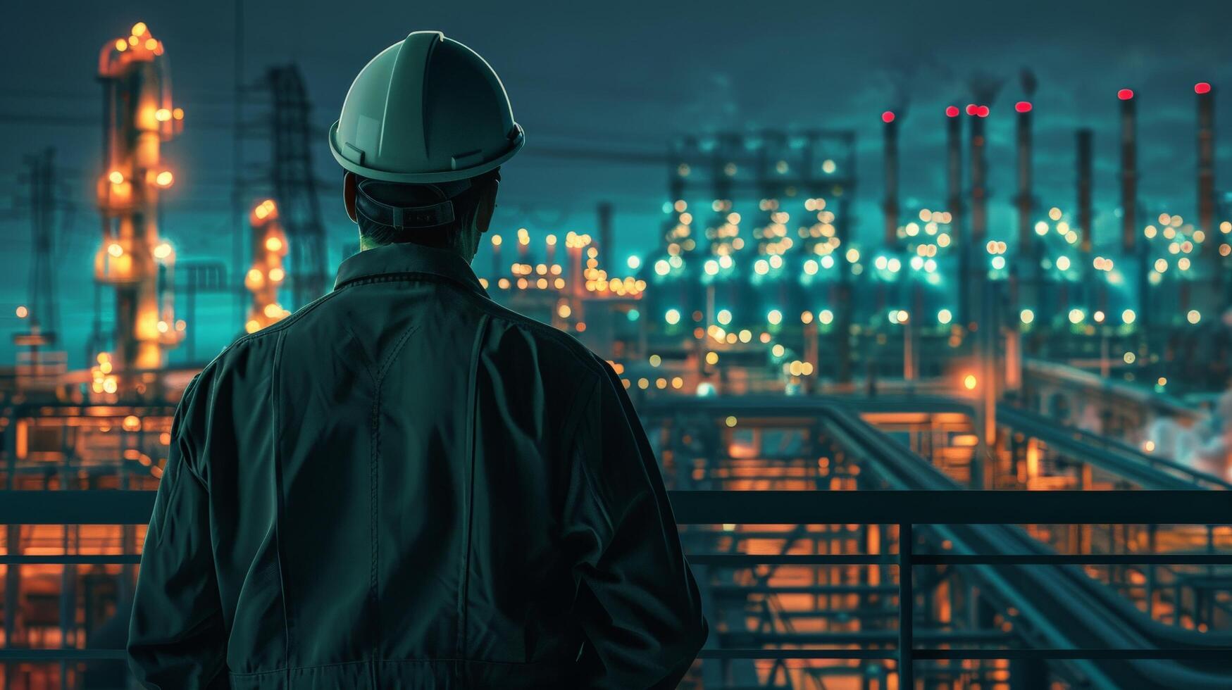 An engineer in a hard hat looking out over an oil refinery at night photo