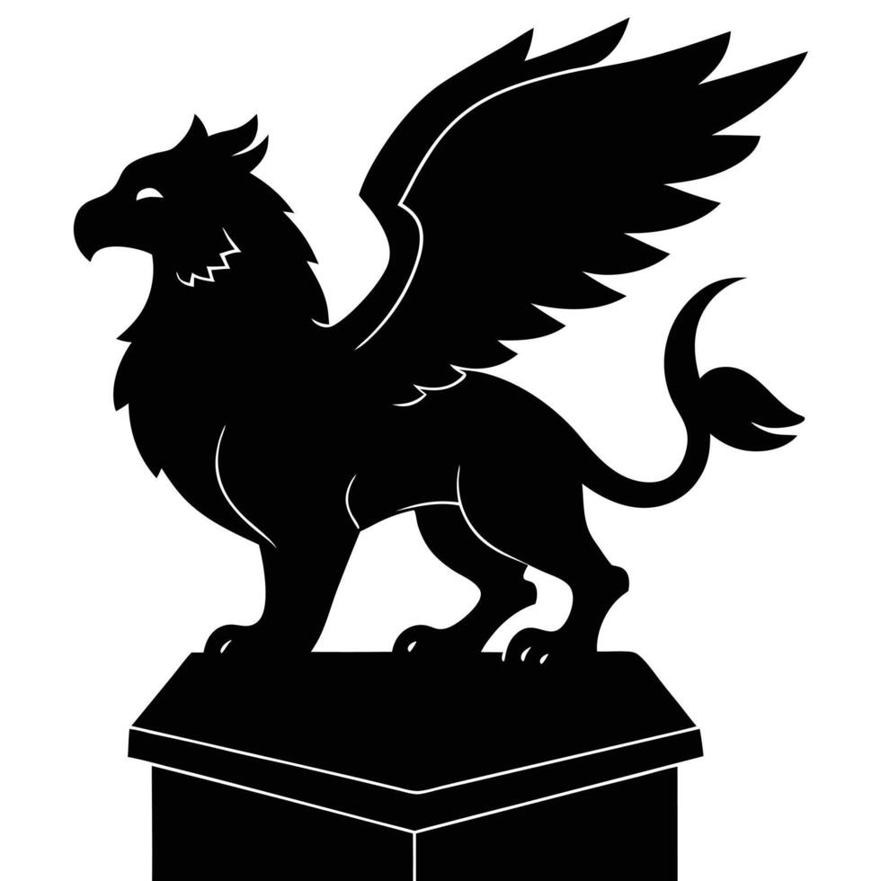 Griffin Guarding Glowing Treasure Chest Silhouetted on White Background vector