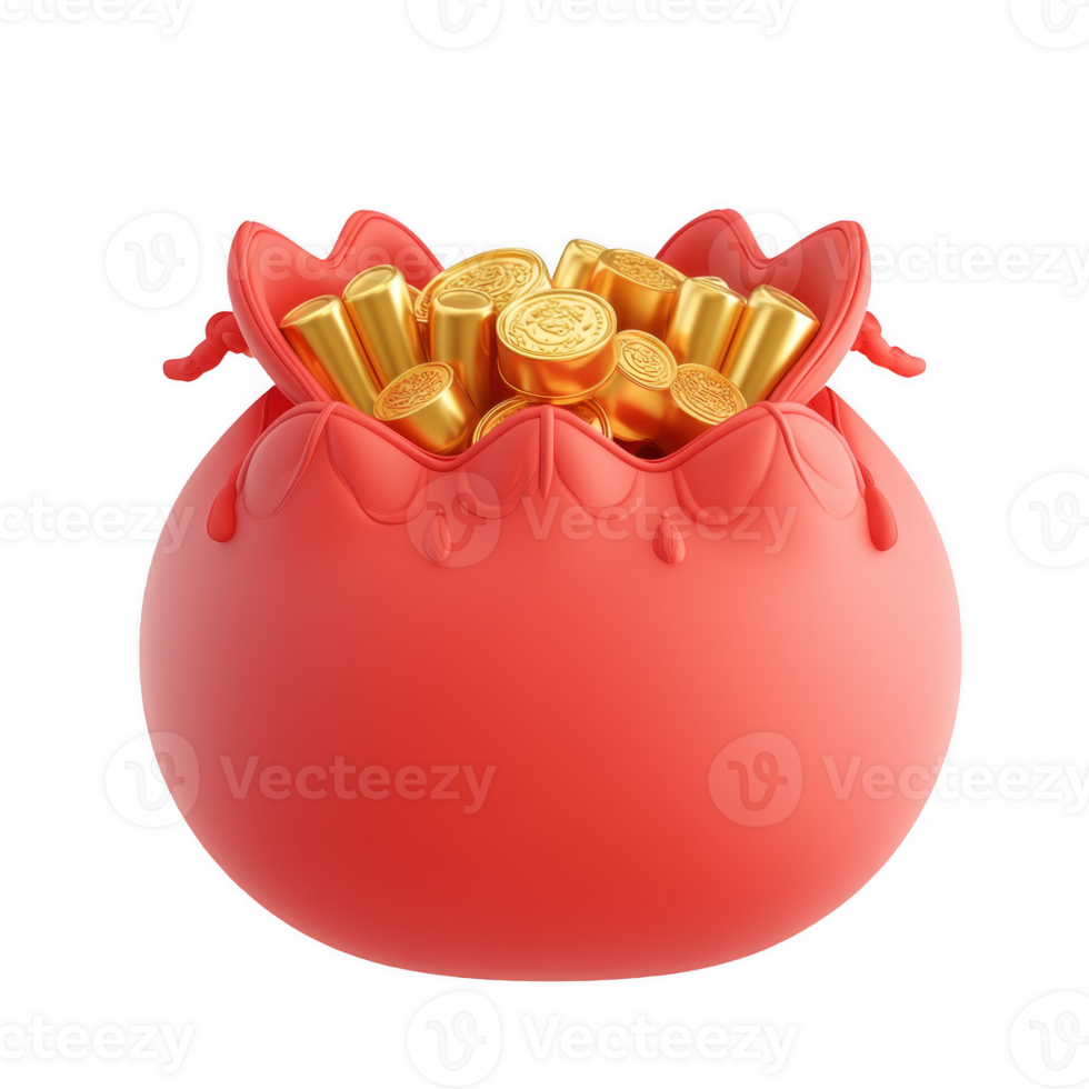 3d red Cute lucky Money bag full of gold coins leather pouch icon filled with falling angpao aka, Chinese New Year on a transparent background png