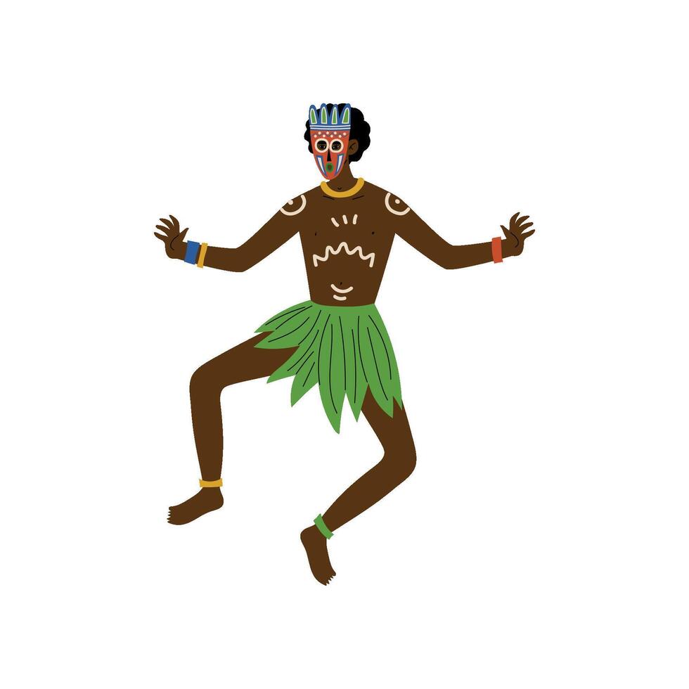 African Man Dancing, Male Aboriginal with Painted Face Dressed in Bright Traditional Ethnic Clothing Illustration vector