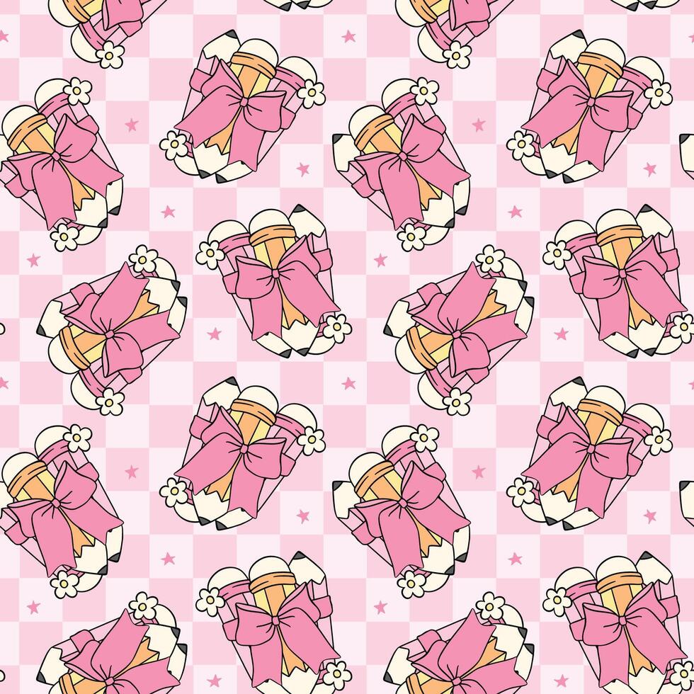 Cute Pink Pencil Back to School Coquette Seamless Pattern Groovy School Supplies Hand Drawn isolated on background vector
