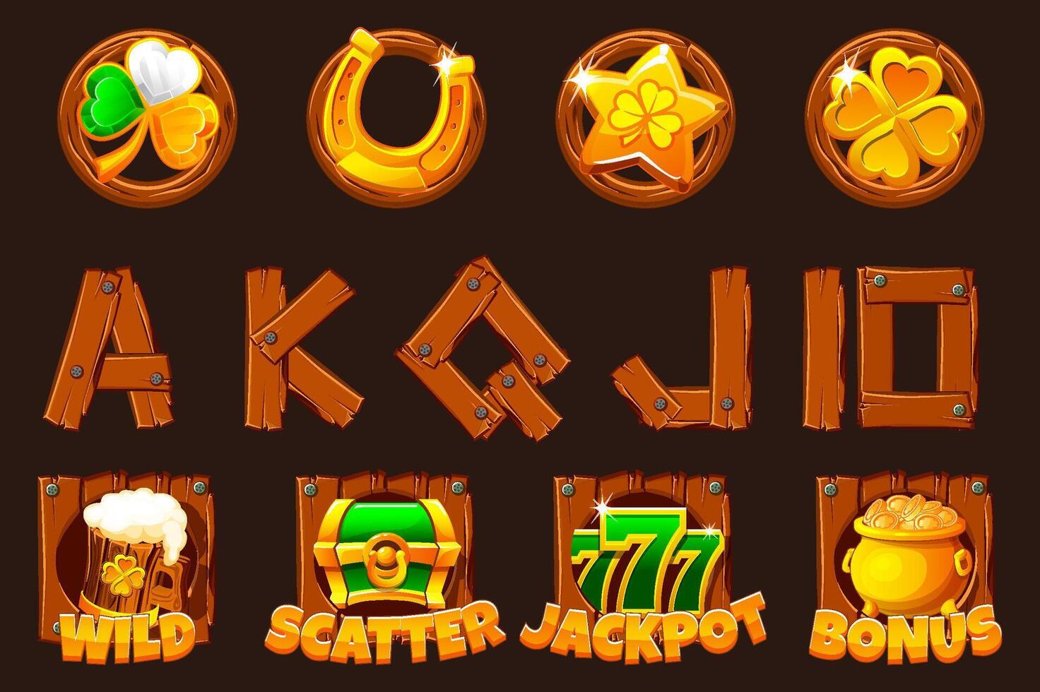 St Patrick day symbols on wooden board for your game or slots machine. Standard symbols,Wild symbol,Bonus symbol,Scatter symbol, Playing card symbols vector