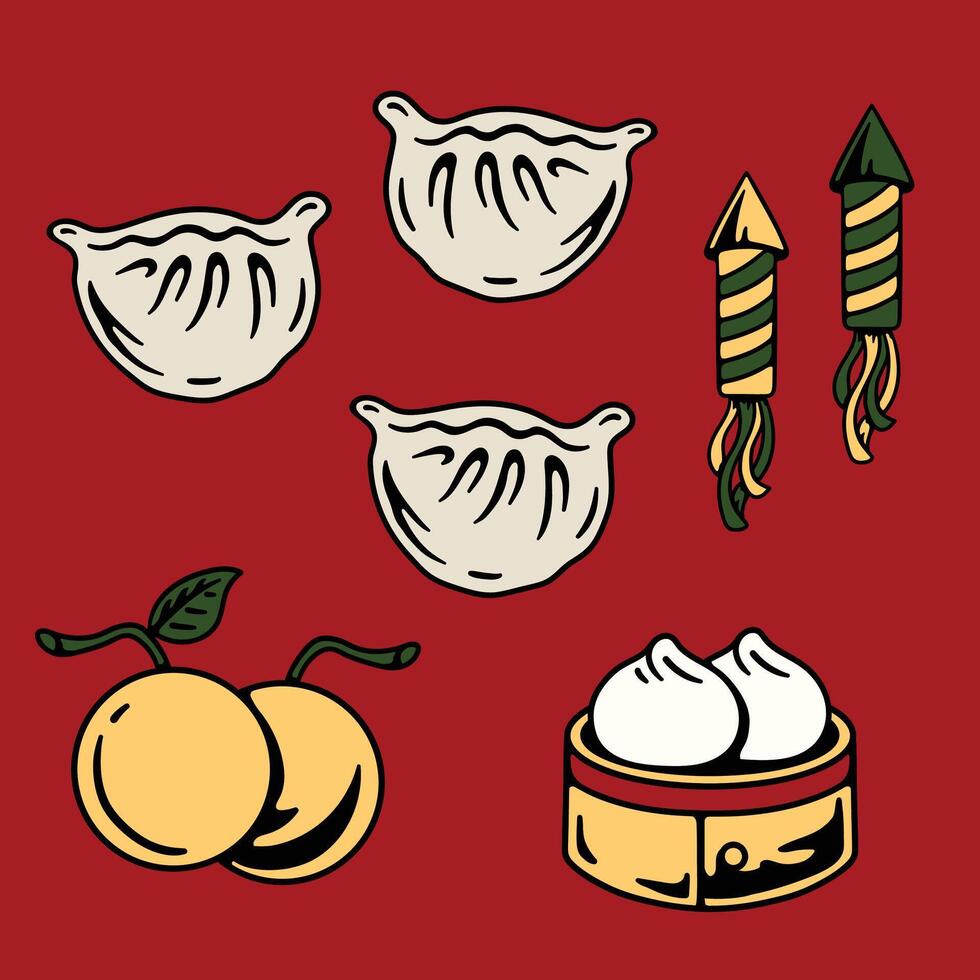 Chinese new year dumplings oranges and fireworks for Chinese new year vector