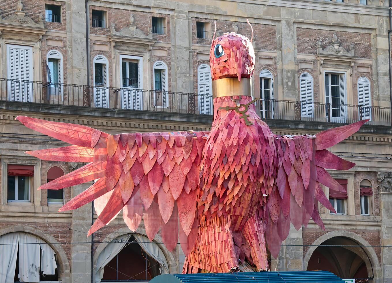 Bologna Italy December 31 2024 Il Vecchione Mercurio la fenice Mercury the phoenix by Yole Signorelli. A huge simulacrum representing the past year is burning at midnight photo
