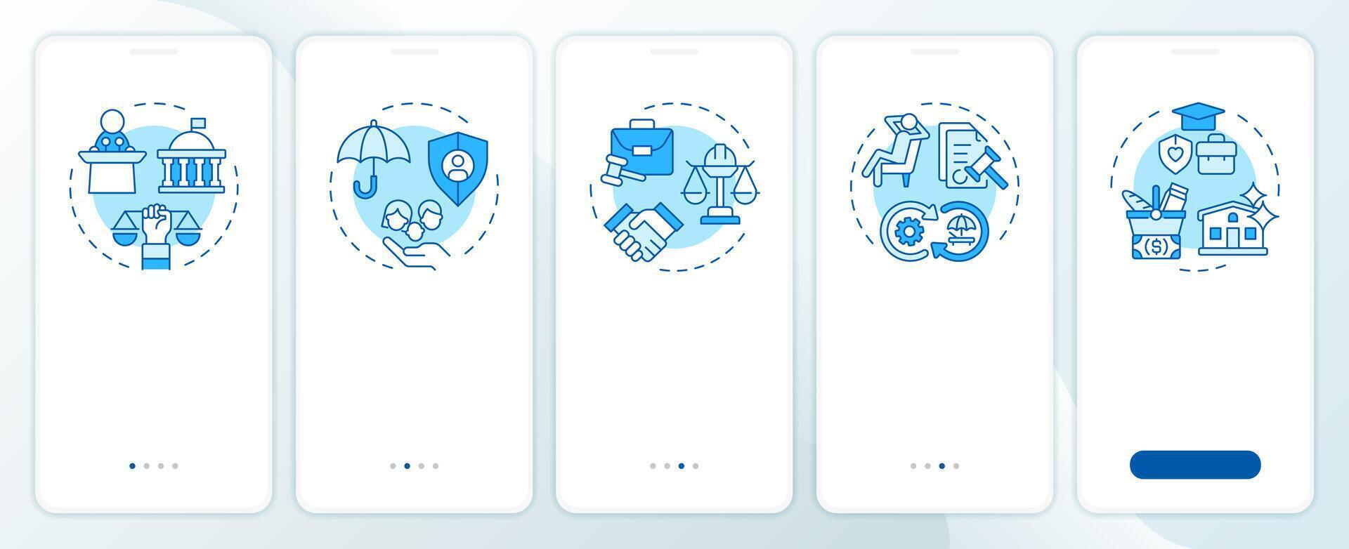 Government regulation rights blue onboarding mobile app screen. Walkthrough 5 steps editable graphic instructions with linear concepts. UI, UX, GUI template vector
