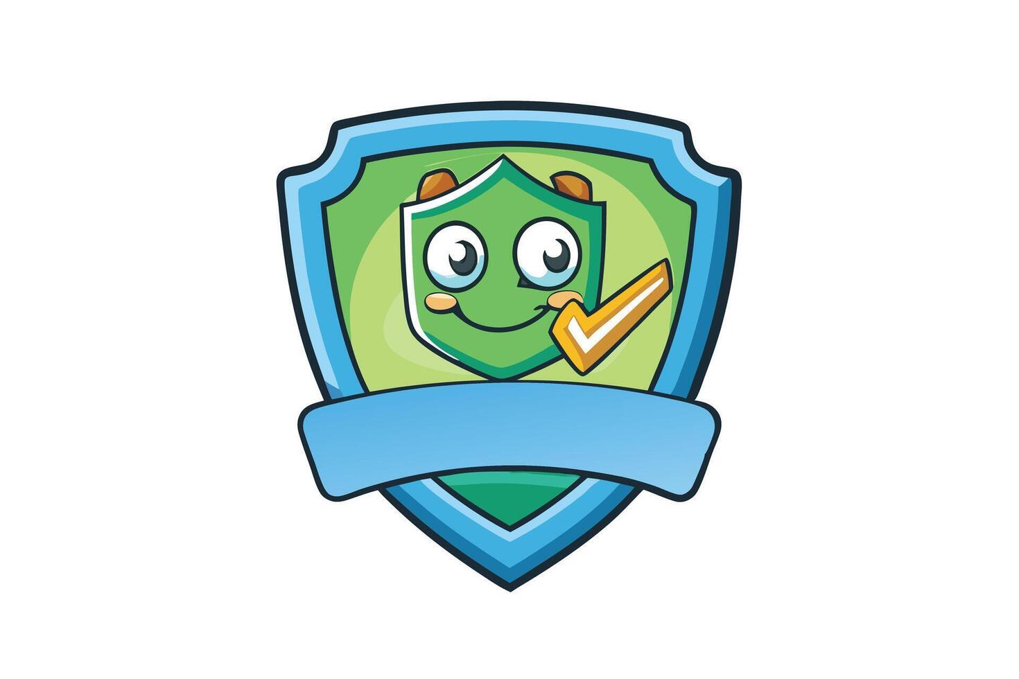Cartoon style shield icon with smiling face and checkmark symbolizing approval, protection, and security on a white background vector