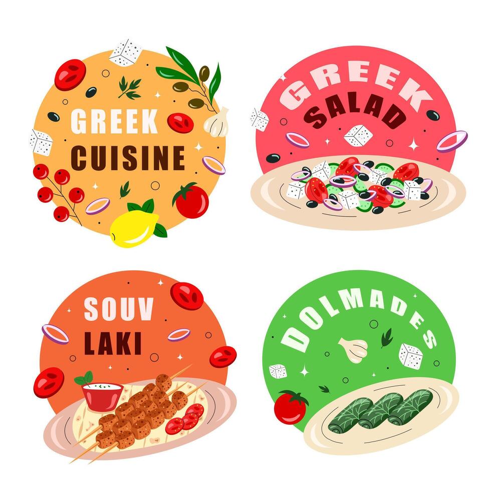 Greek cuisine sticker set, food, dish. Pastitsio, moussaka, dolmades, souvlaki, stifado, gemista, greek salad. illustration vector