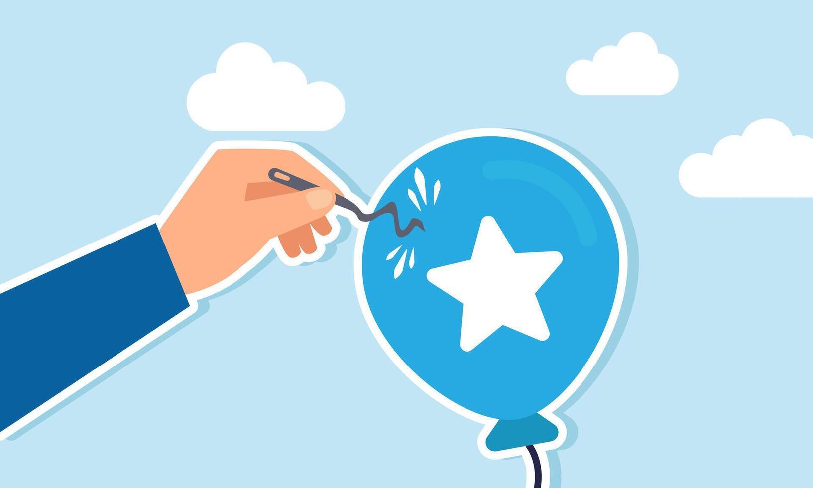 A hand tries to pop a balloon labeled with a star using a needle, but the needle bends instead, illustration of business rating and quality stability and resilience vector